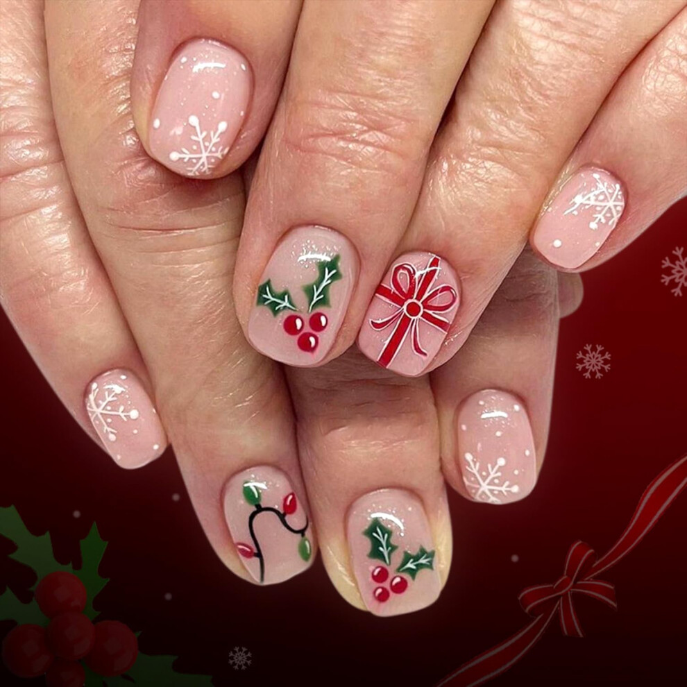Christmas Press On Nails Short Square Fake Nails with Holly Snowflake Holiday Designs Glue Set 24pcs