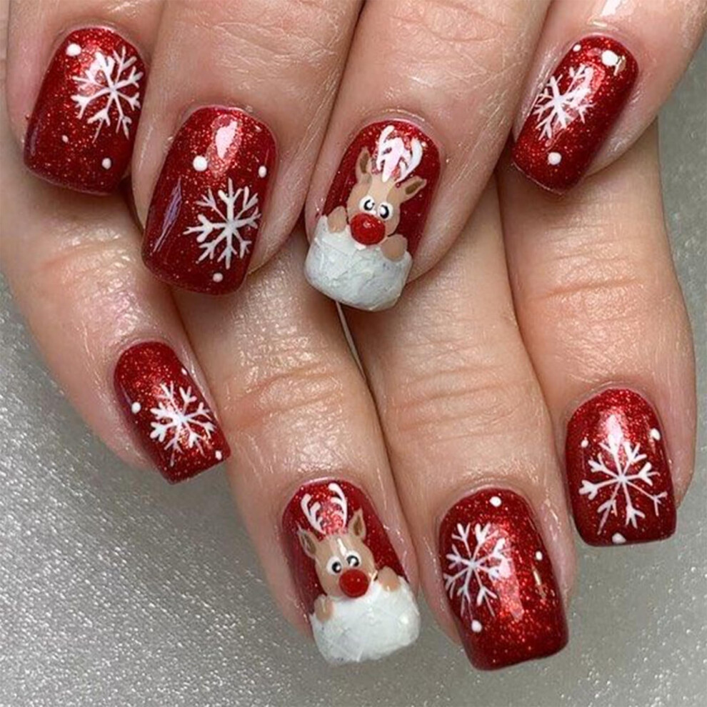 Red Christmas Press On Nails Short Square Glitter Elk Snowflake Design Fake Nails For Women