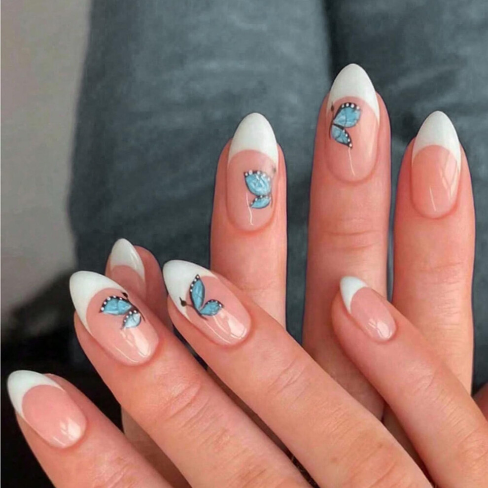 White French Tip Press On Nails Medium Almond Fake Nails With 3D Butterfly Design Reusable Acrylic