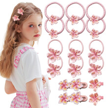 Cherry Blossom Hair Accessories Set for Girls, 16PCS Pink Sakura Ties and Clips, Spring Wedding
