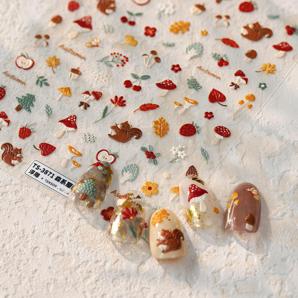 Fall Nail Art Stickers 5D Embossed Squirrel Mushroom Autumn Leaves Thanksgiving Nail Decals