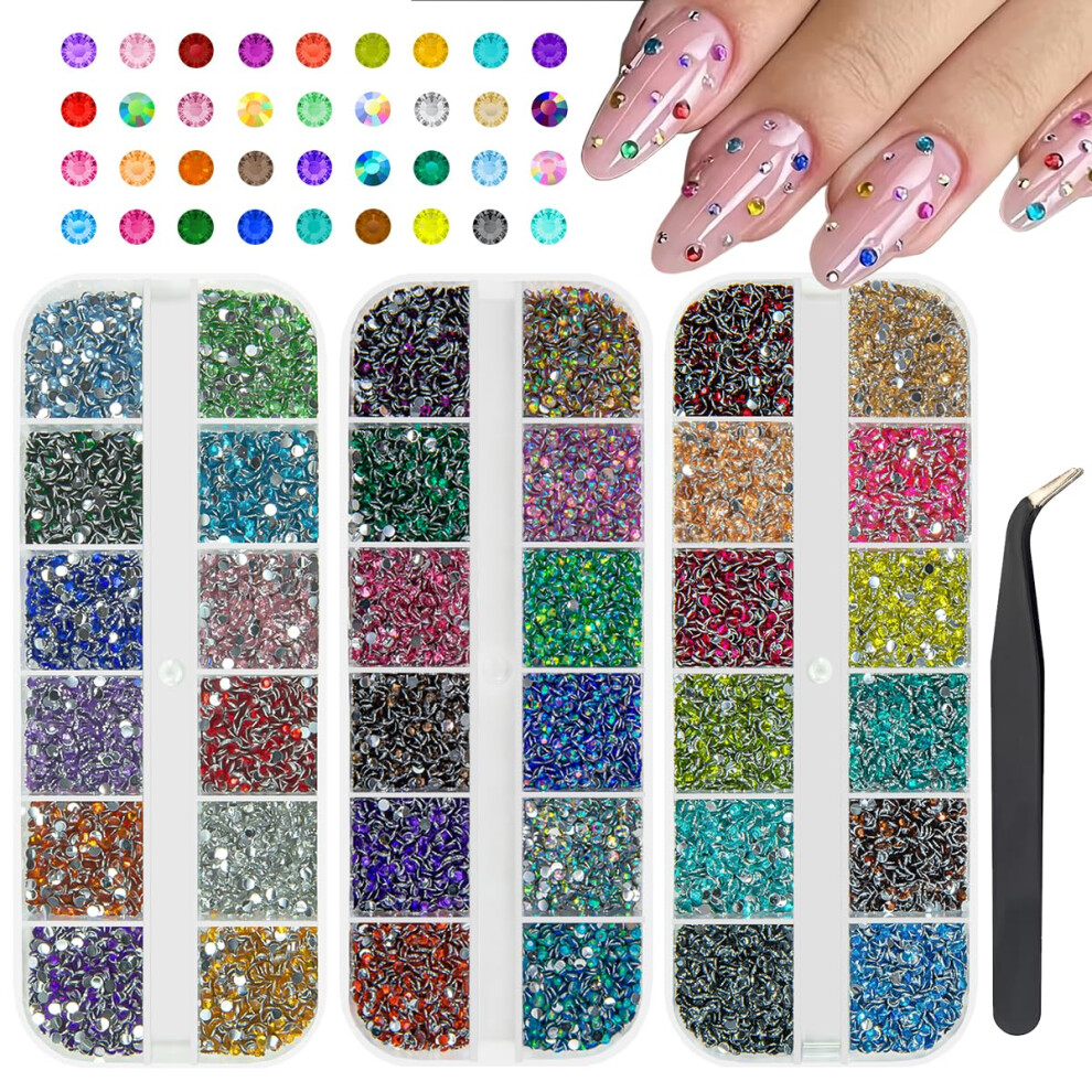 36 Color 2mm Nail Art Rhinestones for Crafts with Tweezers, Flatback Resin Gems for DIY Decoration