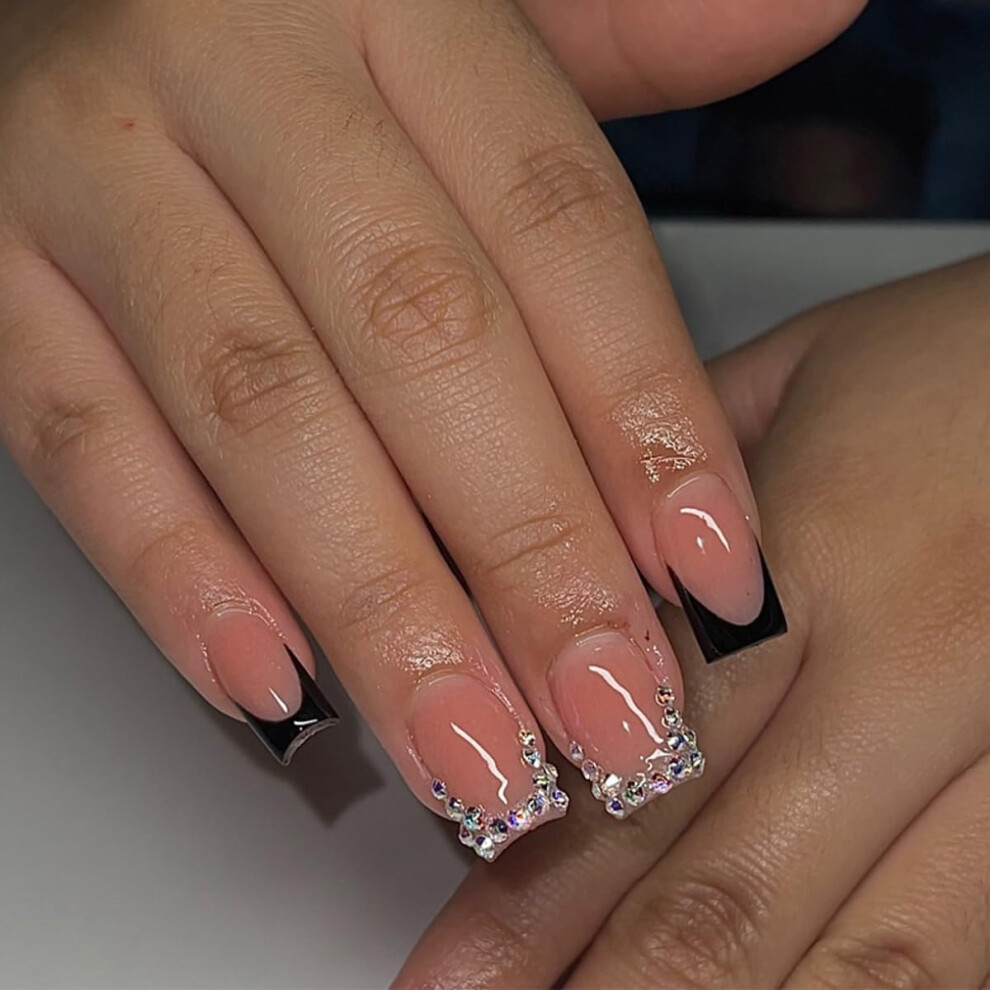 Black French Tip Press On Nails Medium Square With Rhinestones Reusable Fake Nails For Women
