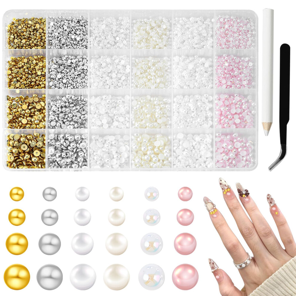 10000 Pcs Multicolor Flatback Nail Art Pearls in 6 Colors 4 Sizes with Tweezers for DIY Manicure
