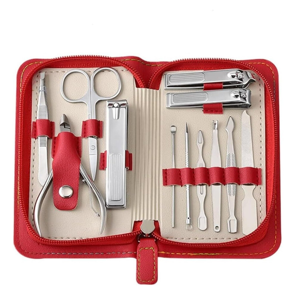 Manicure Pedicure Set with Stainless Steel Nail Clippers, 12pcs Travel Kit in Stylish Red Case