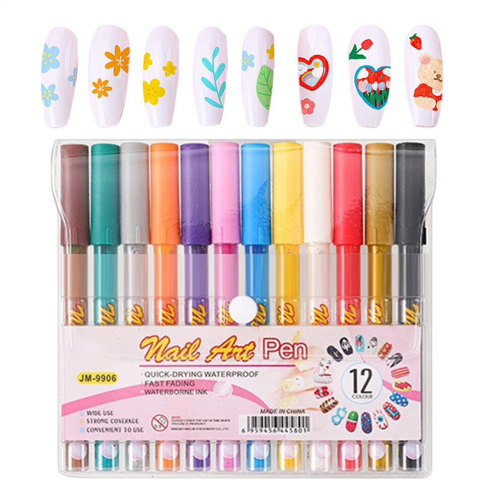 WaterBased Nail Art Pens Set of 12, QuickDry Fine Tip Nail Polish Pens for 3D Nail Decoration