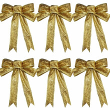 6 bucăți de funde de Crăciun cu panglică, sclipici, fundă de Crăciun, coroană de Crăciun, pentru decorarea petrecerii de Crăciun (auriu)