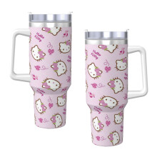 Hello Kitty 1,2-Liter-Thermobecher mit Henkel und Strohhalmdeckel, isolierter Edelstahl-Trinkbecher, Reisebecher, Becherhalter, Geschenkidee