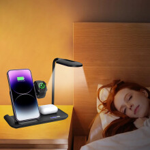 Bezprzewodowa ładowarka samochodowa, kompatybilna z iPhonem/Samsungiem, 5 w 1, składana podstawka pod lampę biurkową do telefonu, zegarka i