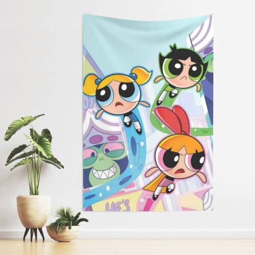 Ταπισερί τοίχου Powerpuff Girls, αδιάβροχο ύφασμα πολυεστέρα για υπνοδωμάτιο, σαλόνι, 2