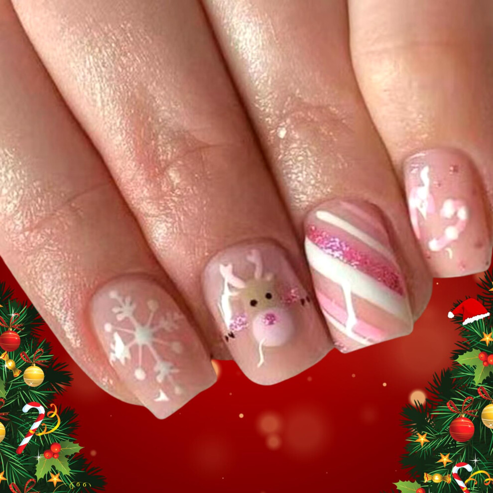 Pink Christmas Press On Nails Short Square Reusable Holiday False Nail Set With Snowflake And Candy Cane Designs 24Pcs