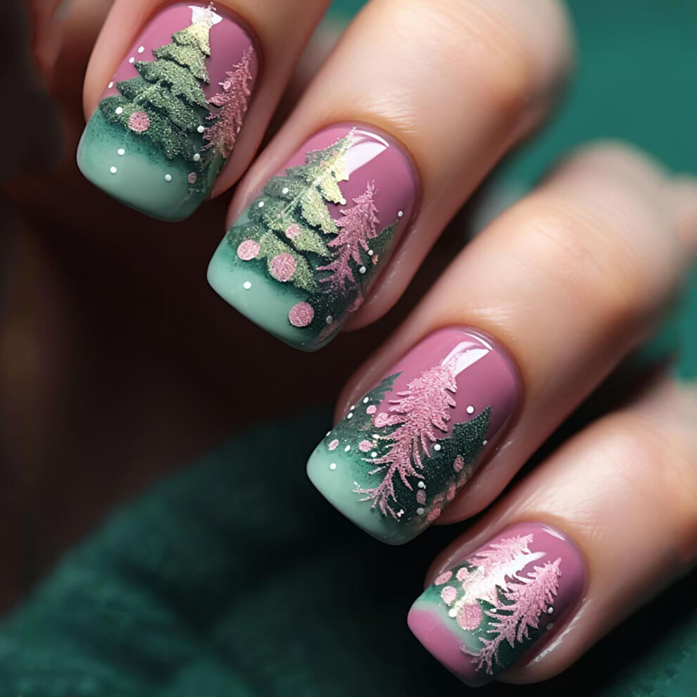 Pink 24Pcs Christmas Press On Nails Short Square Glossy Tree Design False Nails With Glue