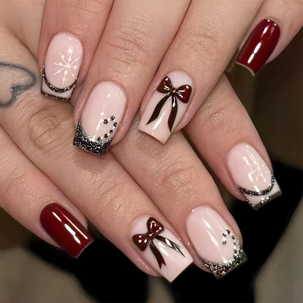 Christmas Press on Nails Set with Festive Bow Snowflakes, Reusable Medium Almond Fake Nails 24pcs