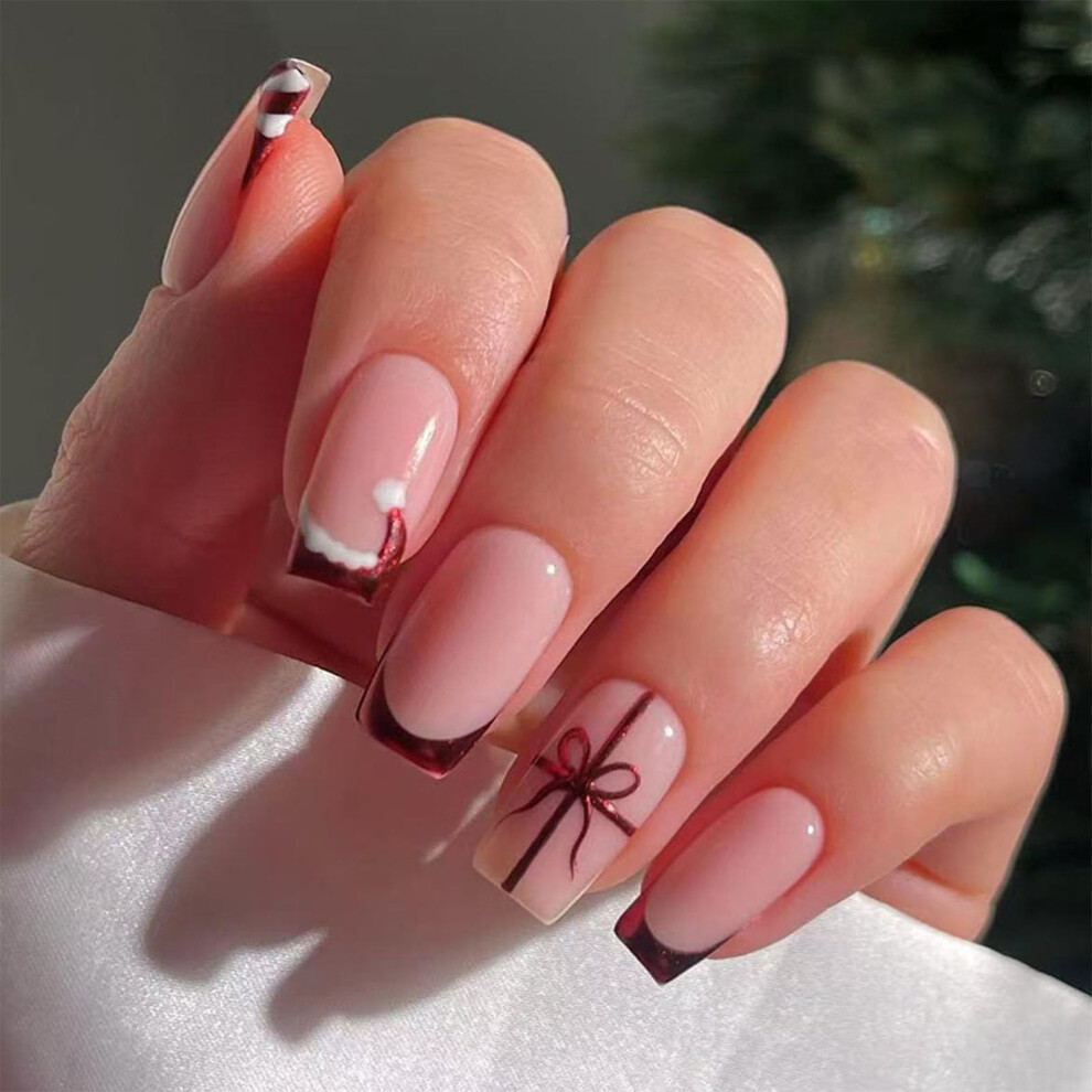 Christmas Press On Nails 24pcs Medium Almond Holiday Fake Nails with Xmas Hat Bow Festive Design