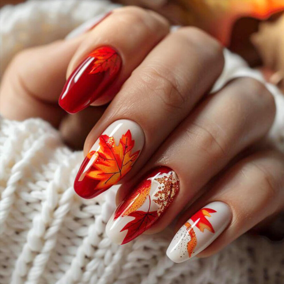 Red Fall Almond Press On Nails Thanksgiving Maple Leaf Glossy Full Cover Acrylic Fake Nails