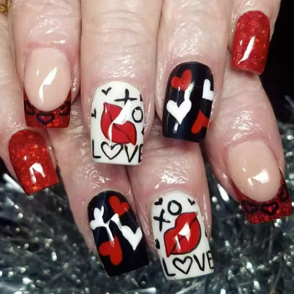 24Pcs Valentine Press On Nails Square French Tip Fake Acrylic Nails Glossy Salon Finish