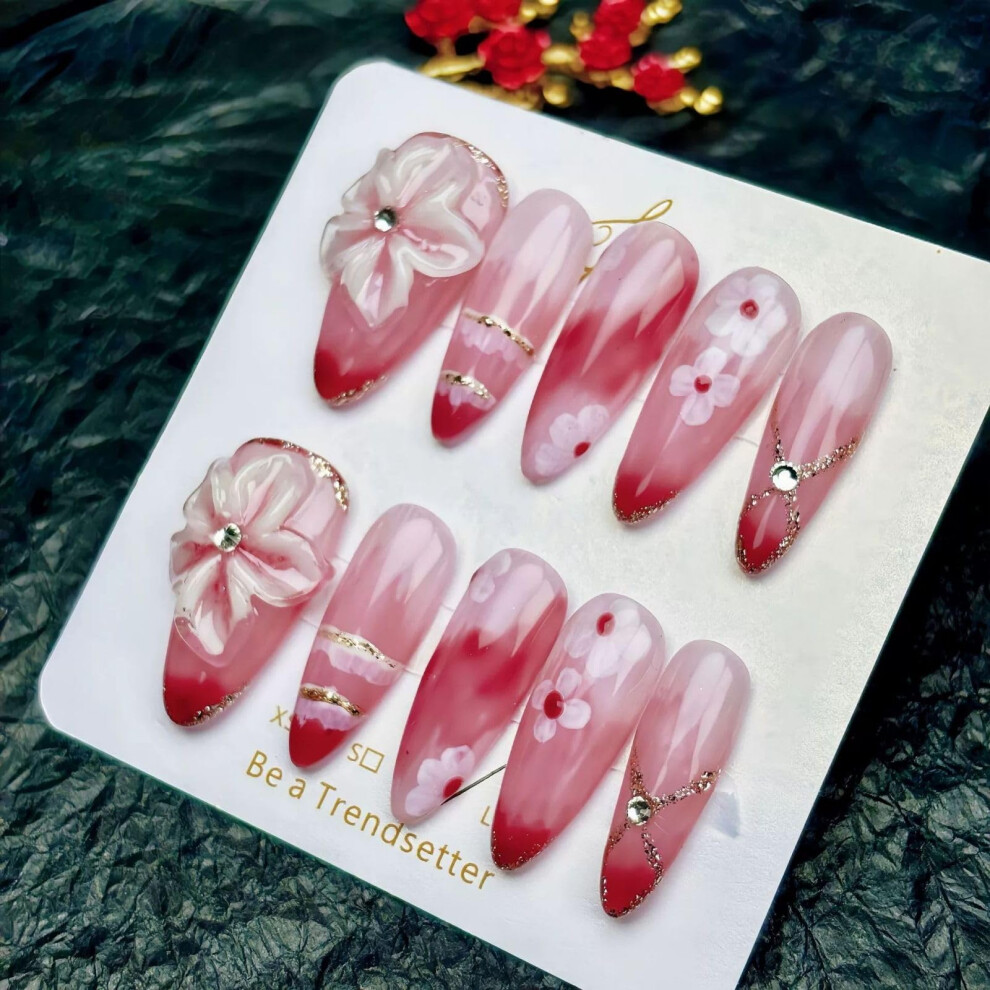 Red Floral Press On Nails Long 3D Flower Fake Nails with Pearl Metal Accents Reusable Set 10pcs