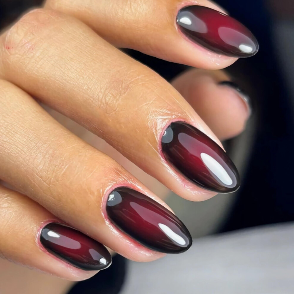 Medium Almond Press On Nails Black Red Ombre Fake Nails Gothic Halloween 24Pcs Glossy Full Cover