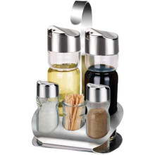 Glass Condiment Server 5Piece Set with Stainless Steel Base and Lidded Jars for Sugar Salt Pepper Oil Vinegar
