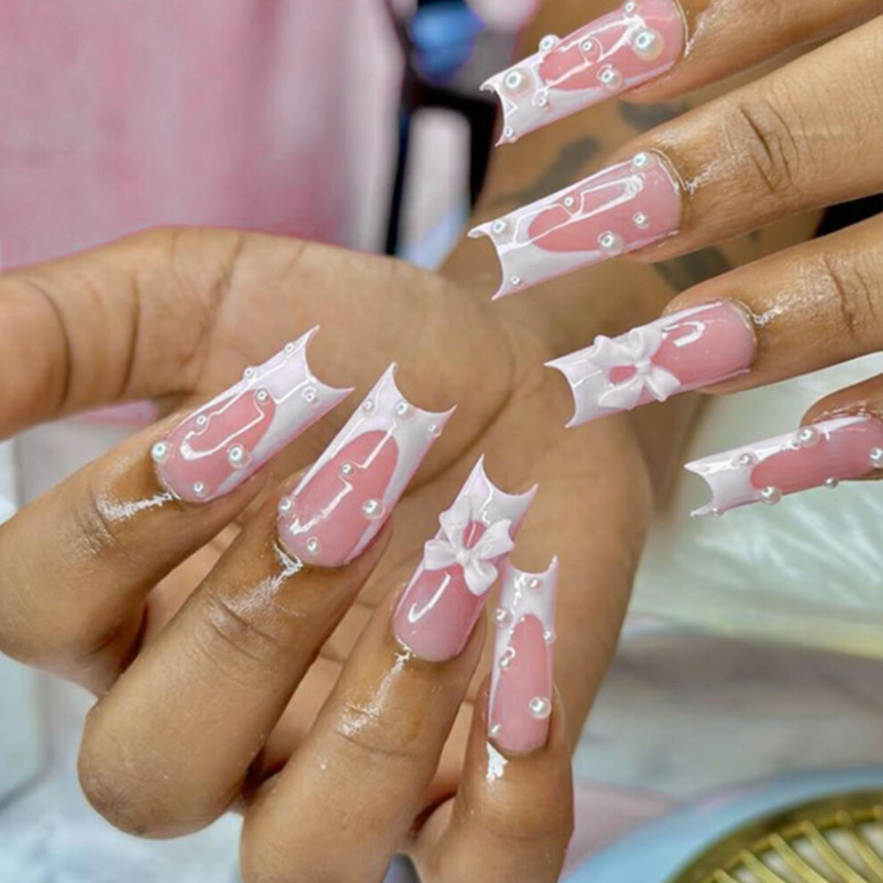 Cream Long Square Press On Nails Set French Nude Fake Acrylic Tips With Glue Salonquality 24Pcs