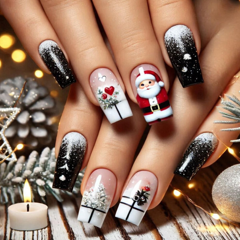 Christmas Press On Nails Set with Glue, Square Acrylic Fake Nails, Holiday Snowflake Design