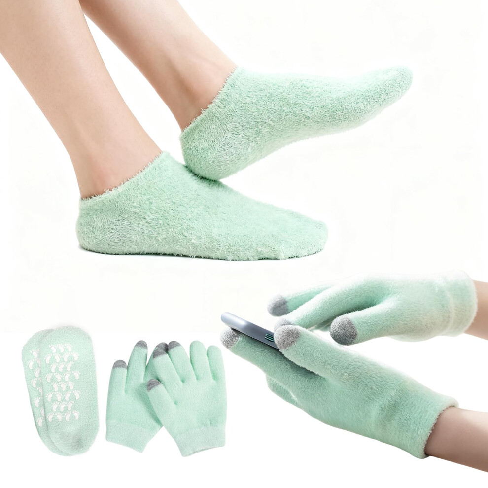 Green Touchscreen Moisturizing Gloves And Socks Set With Gel Lining For Overnight Hydration,