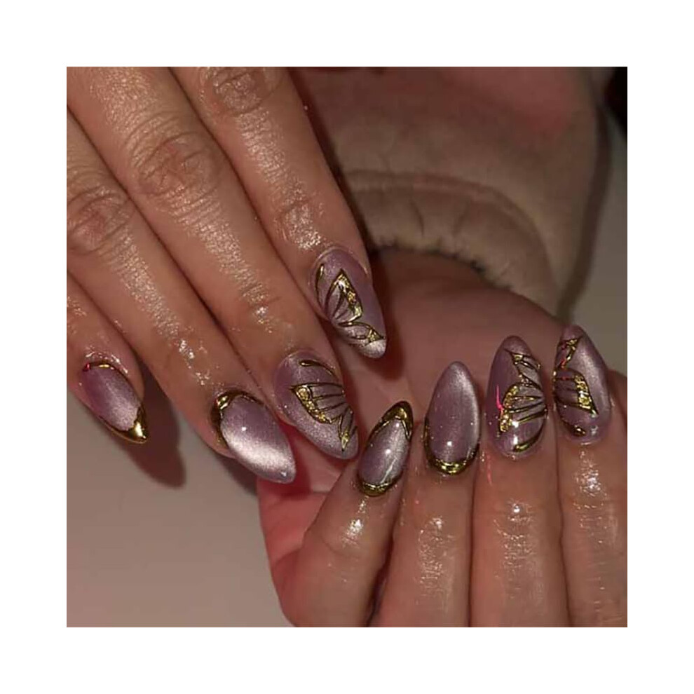 Green,Gold,Purple Almond Shape Press On Nails Green And Purple Fake Nails With Gold Butterfly Design 24Pcs Reusable