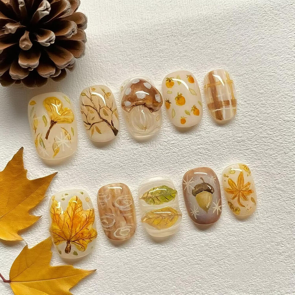 30Pcs Fall Press on Nails Short Square Fake Nails Maple Leaf Acrylic Reusable Holiday Manicure