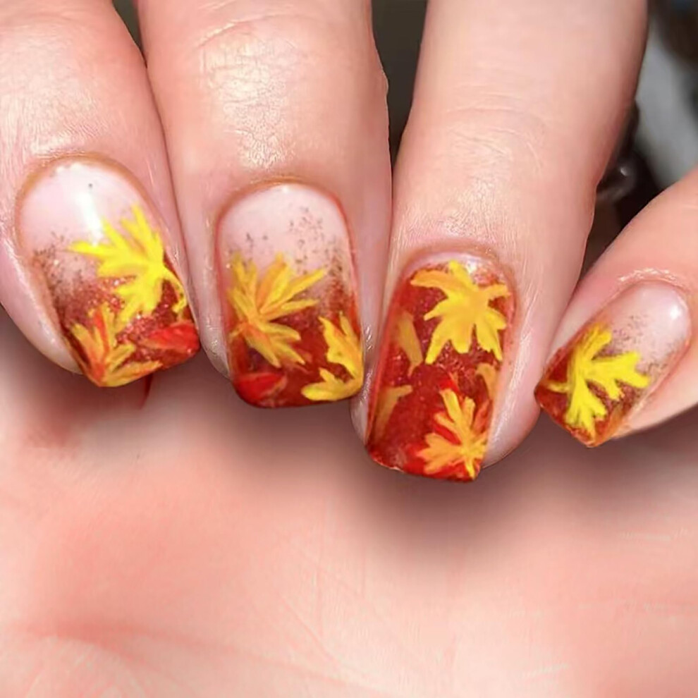 Short Square Press on Nails Autumn Maple Leaf Fake Nails with Glitter 24pcs ReadytoWear Kit
