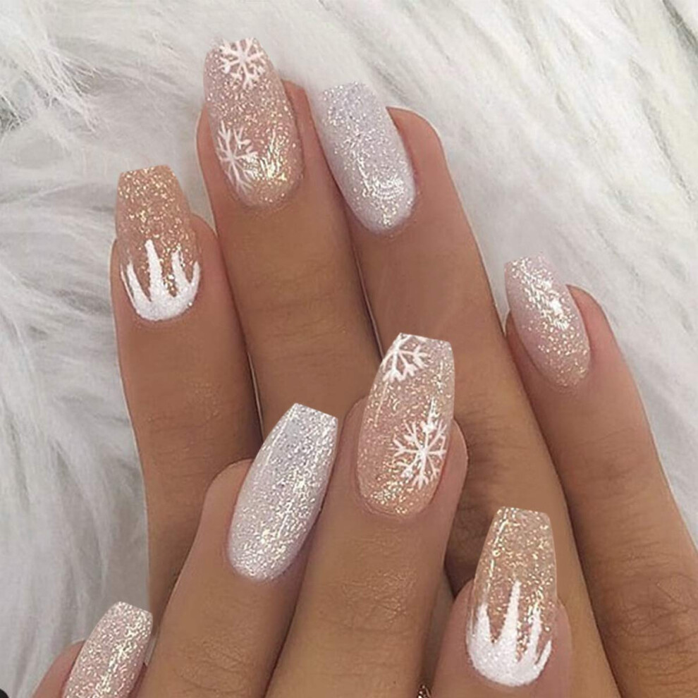 White Press On Nails Christmas Ombre Snowflake Long Coffin Glitter Acrylic Holiday Nail Kit