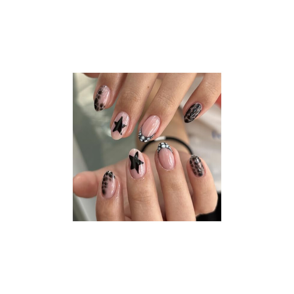 Press On Nails Medium Almond French Tip Fake Nails with Black Snake Pattern and Star Design 24Pcs
