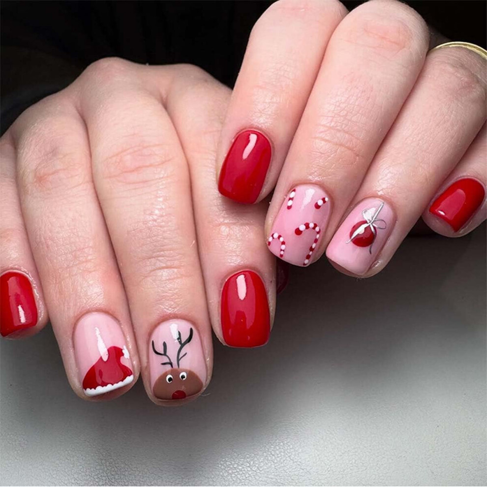 24Pcs Short Square Press on Nails Christmas Glitter Fake Nails Reusable Acrylic Nail Kit for Women