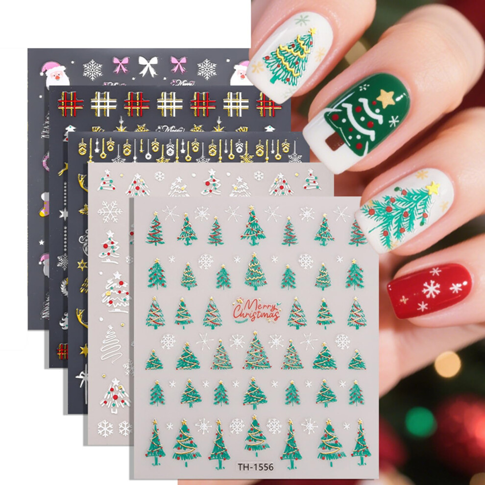 Christmas Nail Stickers 3D SelfAdhesive Snowflake and Santa Holiday Nail Art Decals, 5 Sheets