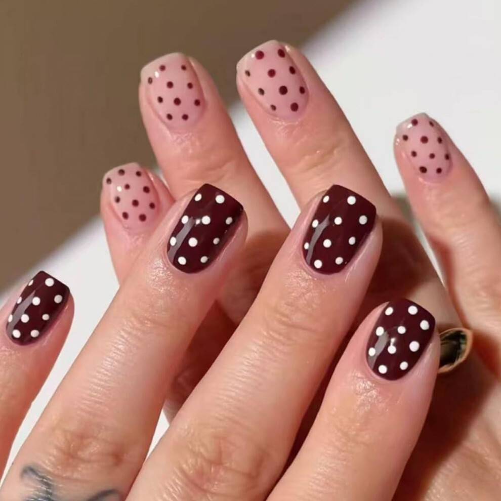 Brown Short Polka Dot Press On Nails 24Pcs Glossy Acrylic Fake Nails Set For Women Reusable