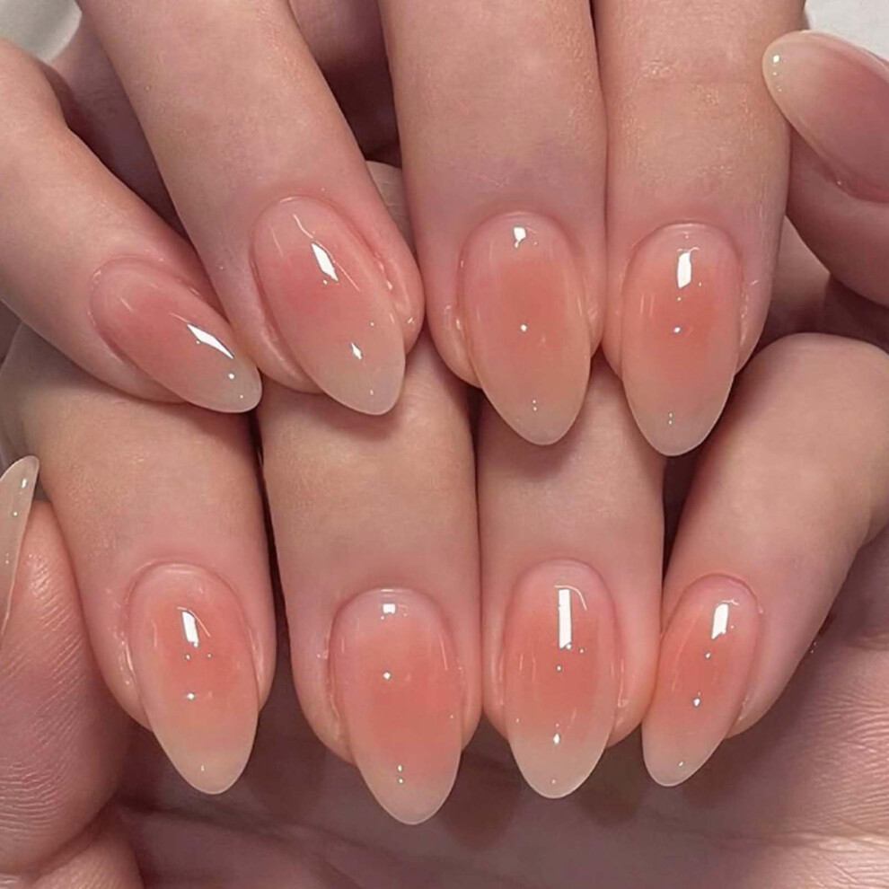 Cream Medium Almond Press On Nails Glossy Full Cover Fake Nails Readytowear Manicure 24Pcs Nude