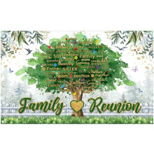 Achtergrond voor familiereünie, stamboomfoto, achtergrond voor gezelschapsfoto's, gouden en groene feestdecoraties voor thuis, fotoboothbanner