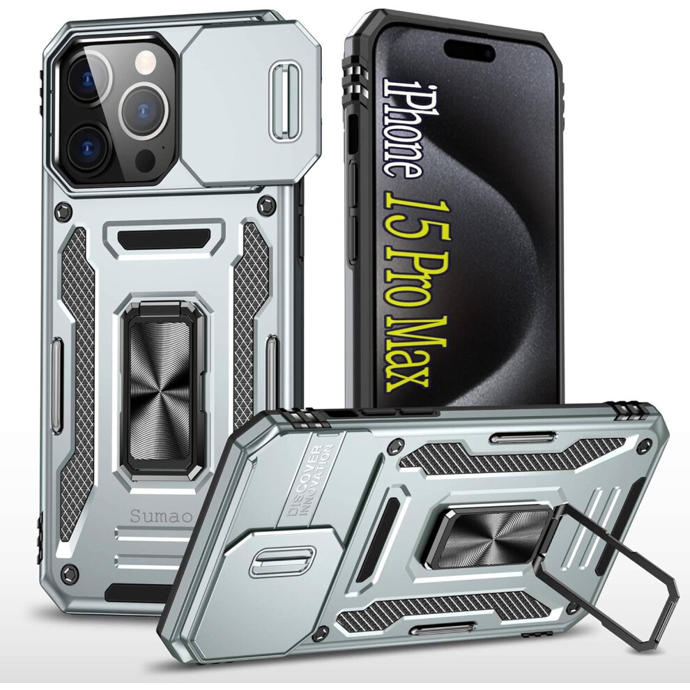 Sumao For Compatible With Iphone 15 Pro Max Case With Ring,Military Grade Shockproof Liquid Silicone Slim Phone Case-Silvery 9173940828414