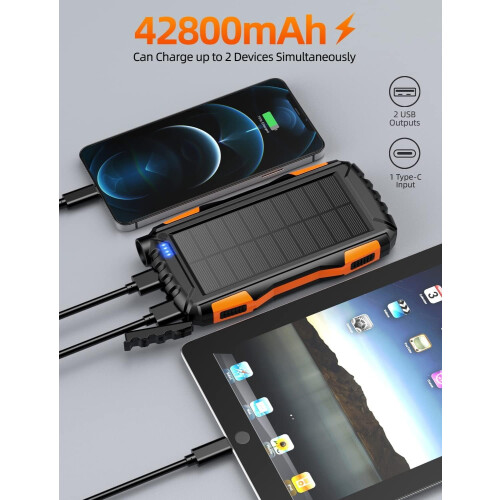 Ηλιακή τράπεζα ενέργειας 42800mAh, φορητός φορτιστής με QC3.0 5V3.1A, ενσωματωμένος φακός 2