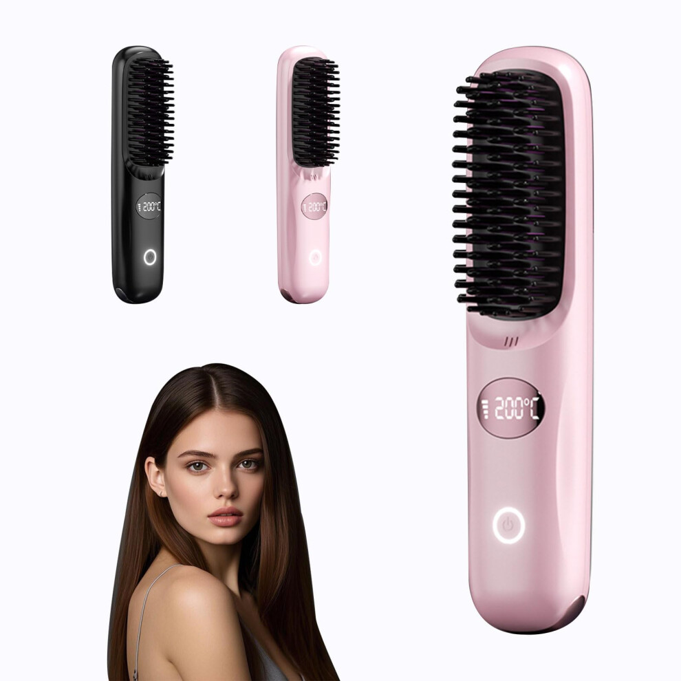 Pink Cordless Hair Straightening Brush With Lcd, Fast Heat Ionic Comb For Travel, Rechargeable