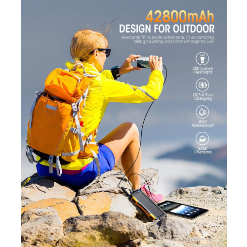 Ηλιακή τράπεζα ενέργειας 42800mAh, φορητός φορτιστής με QC3.0 5V3.1A, ενσωματωμένος φακός 1