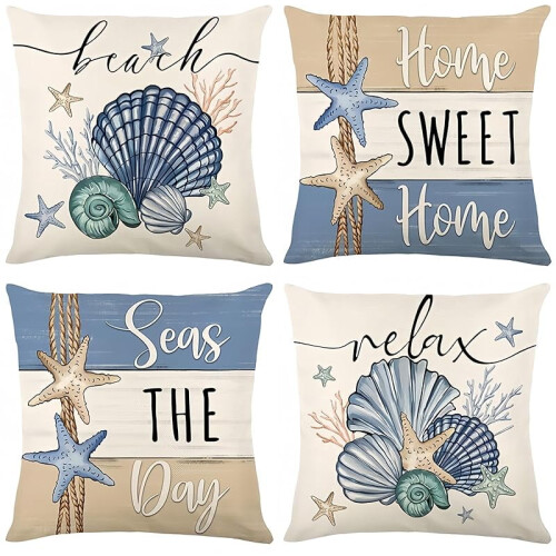 Conjunto de 4 capas de almofada de linho para exterior, 45x45cm (18x18 polegadas), estilo praia, para decoração de verão. Ideal para sofás em