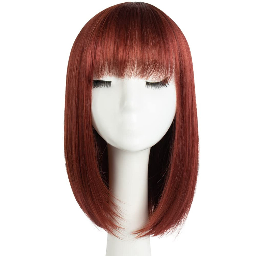 Auburn Bob Wigs,Short Bob Hair Wigs 14" Straight with Flat Bangs Synthetic Colorful Cosplay Daily Party Wig for Women Natural (Free Wig Cap)