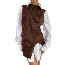 Suéter colete feminino de tricô, pulôver quente sem mangas, blusa midi com fenda na barra, gola redonda em cor sólida, suéter grosso e moderno