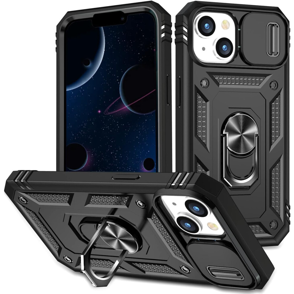 Heavy Duty Iphone 13/14 Case, Military Grade Shockproof With Lens Cover & Kickstand, Dual-Layer Protection (Black) Black 9004841932064