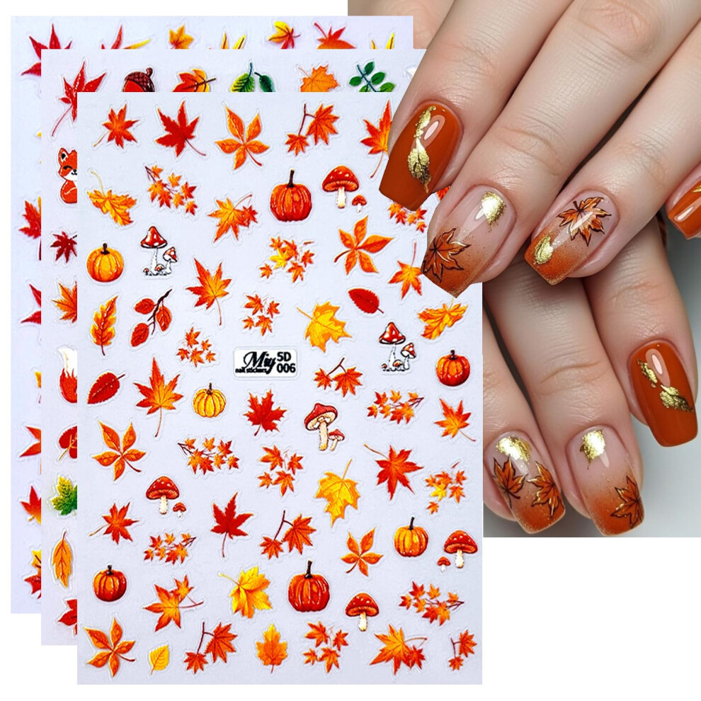Fall Nail Stickers with Maple Leaf Pumpkin Fox Design, Thanksgiving Autumn Nail Art Decals for Women