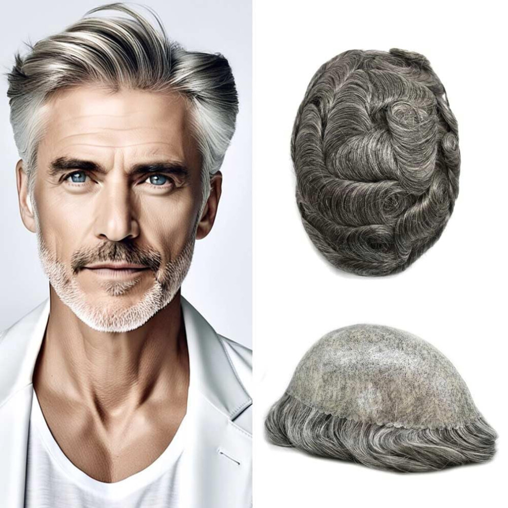 Men's Toupee Human Hair Full Poly Skin 6x9 Injection PU Hairpiece Natural Hairline Look Off Black Gray