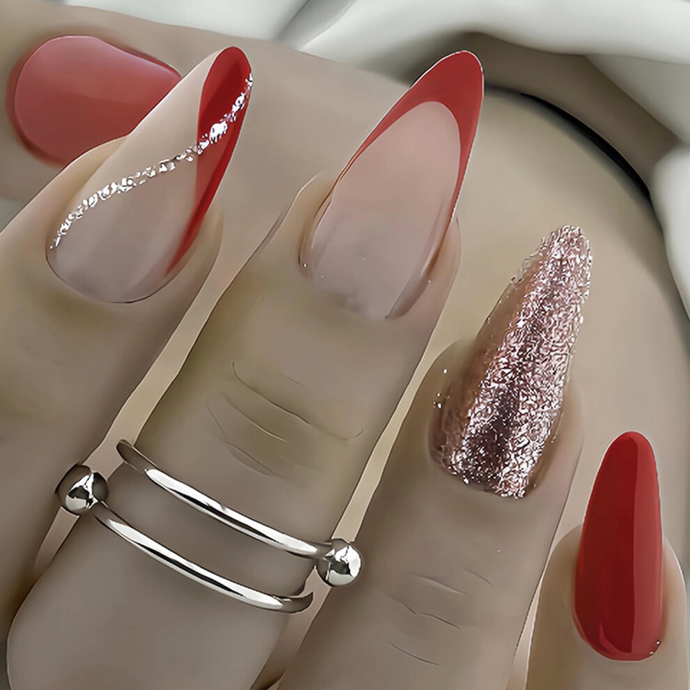 Wine Red French Tip Medium Almond Press On Nails with Glitter Acrylic Design, 24pcs Fake Nails