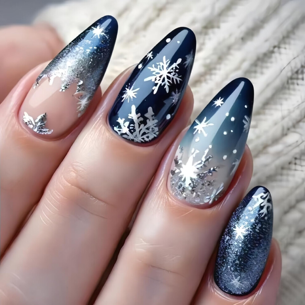 Blue Christmas Press On Nails Gradient Almond Fake Nails With Snowflake Design Gift Set 24Pcs