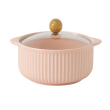 1200ml Ceramic Casserole Dish with Glass Lid, Oven Safe Porcelain Soup Bowl with Handles