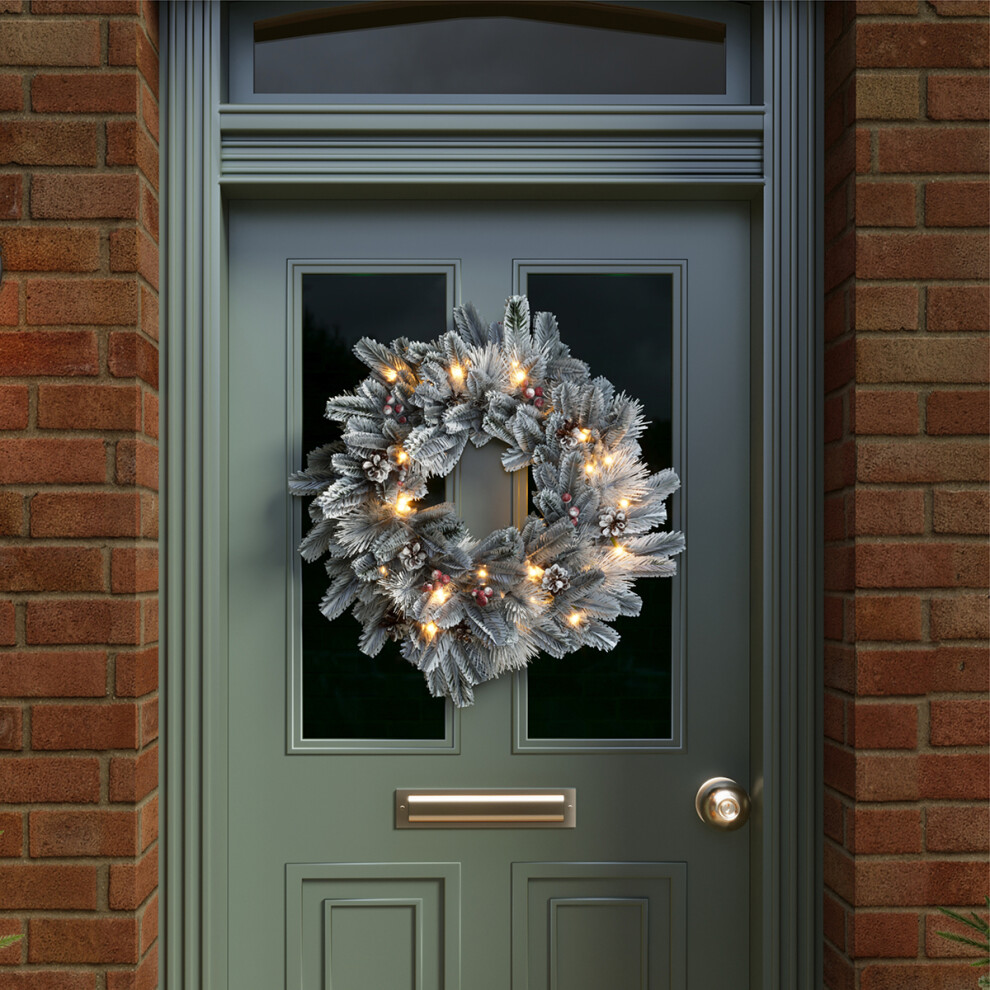 Charles Bentley Indoor Outdoor 60Cm Pre-Lit Berry & Pinecone Snowy Wreath, Christmas, Warm Micro Led Lights, Battery Operated With No Plug, Red/White